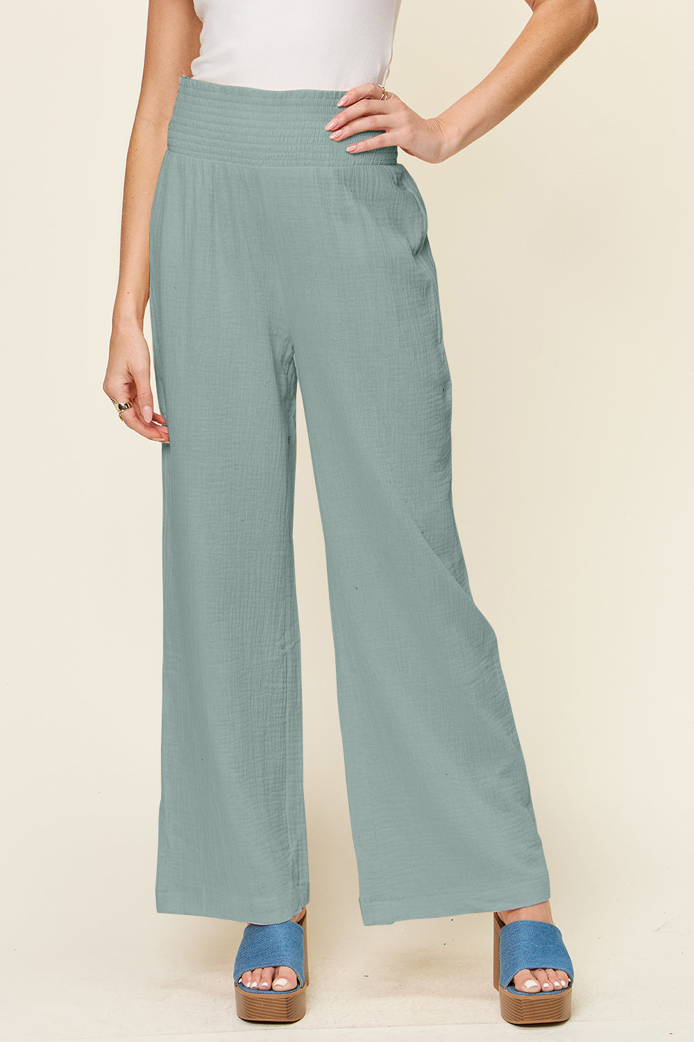 Double Take Textured Smocked Waist Wide Leg Pants