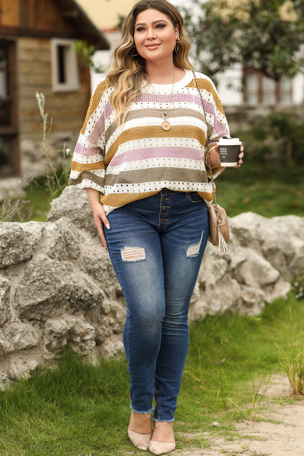 Multicolor Striped Hollowed Knitted Loose Sweater