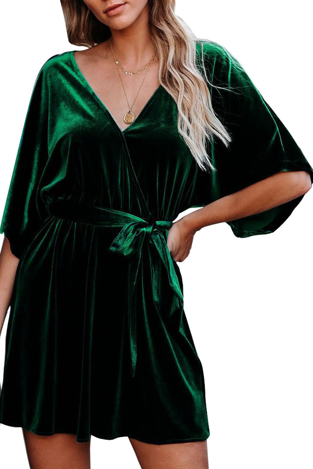 V-neck Half Sleeve Velvet Mini Dress with Belt