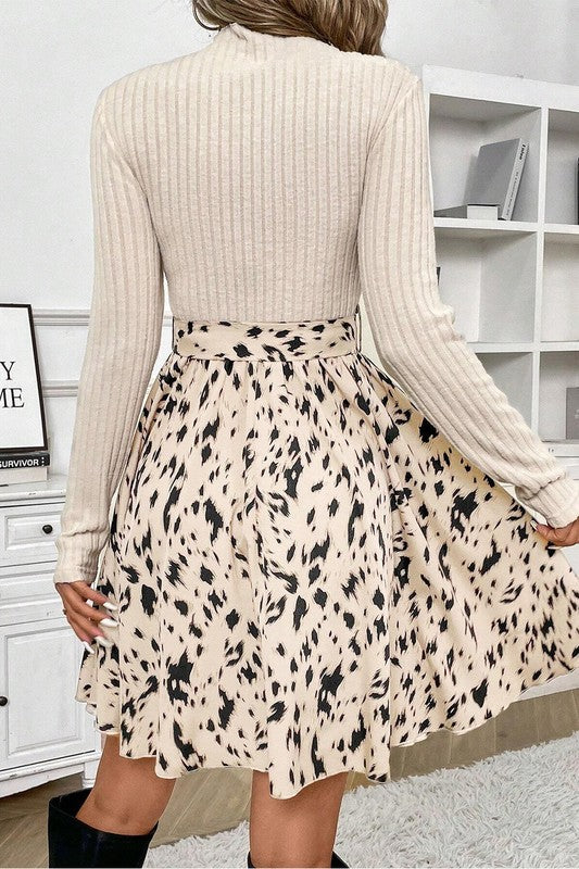 Ribbed Knit Belted A-line Dress