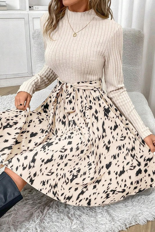 Ribbed Knit Belted A-line Dress