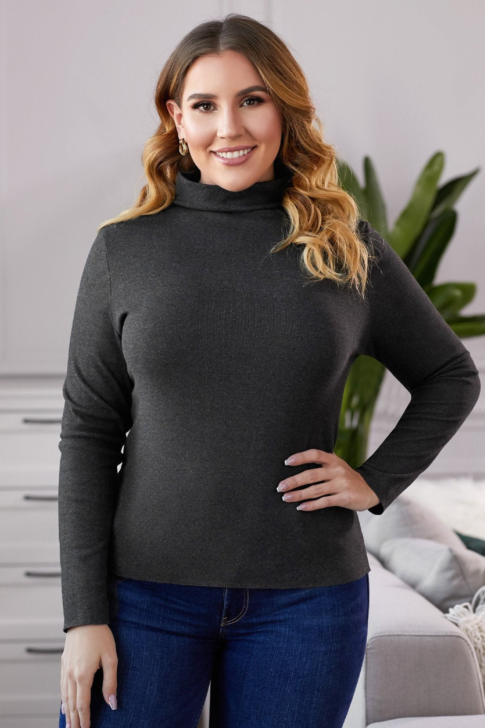 Plain Ribbed Turtleneck Top