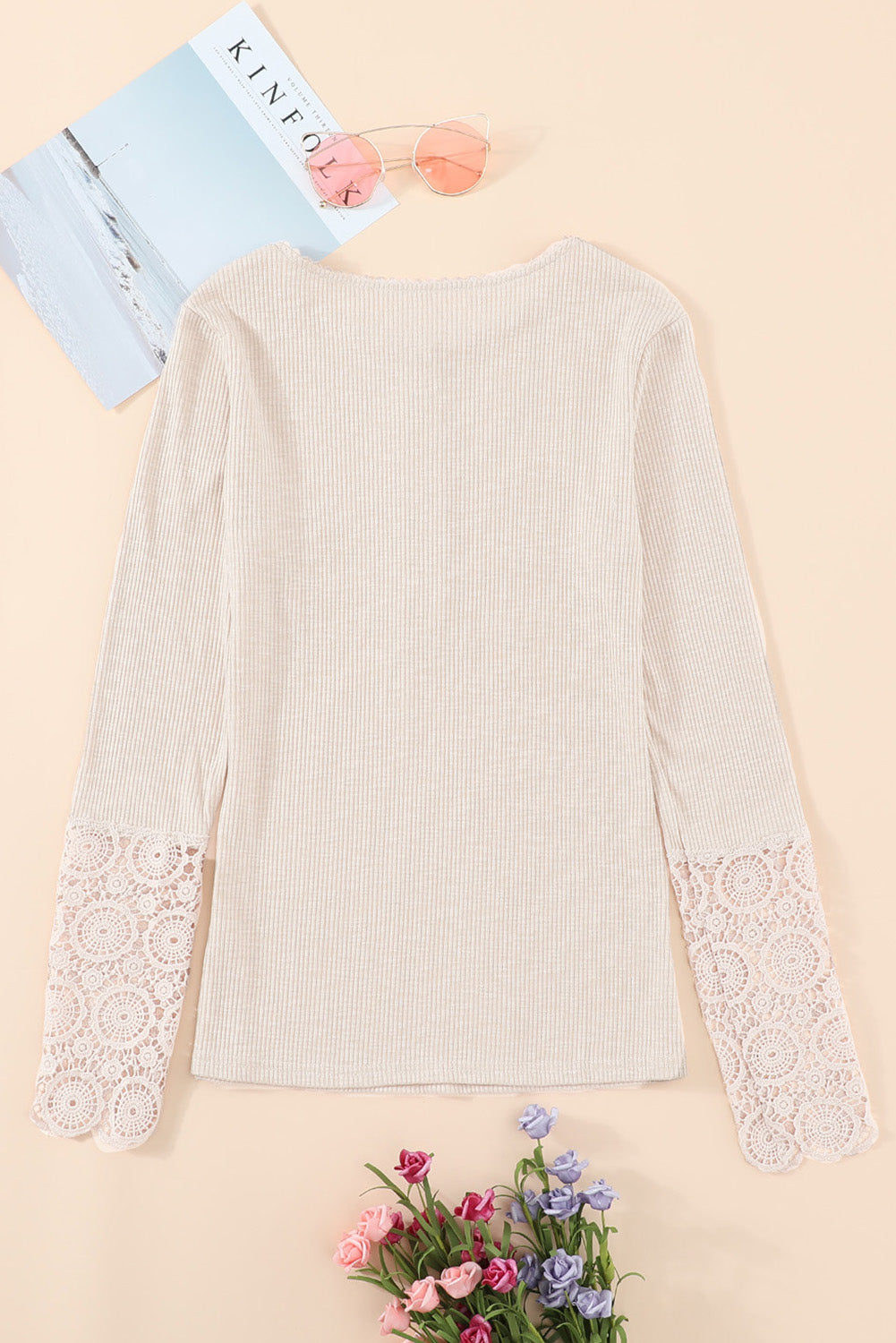 Crochet Lace Hem Sleeve Half-Button Top
