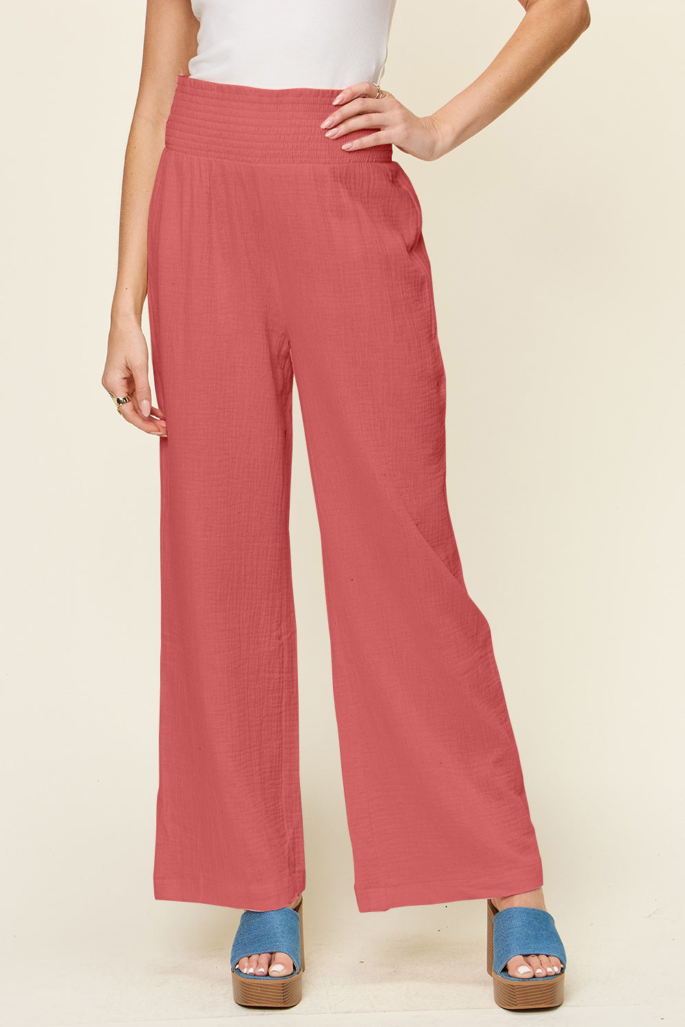 Double Take Textured Smocked Waist Wide Leg Pants