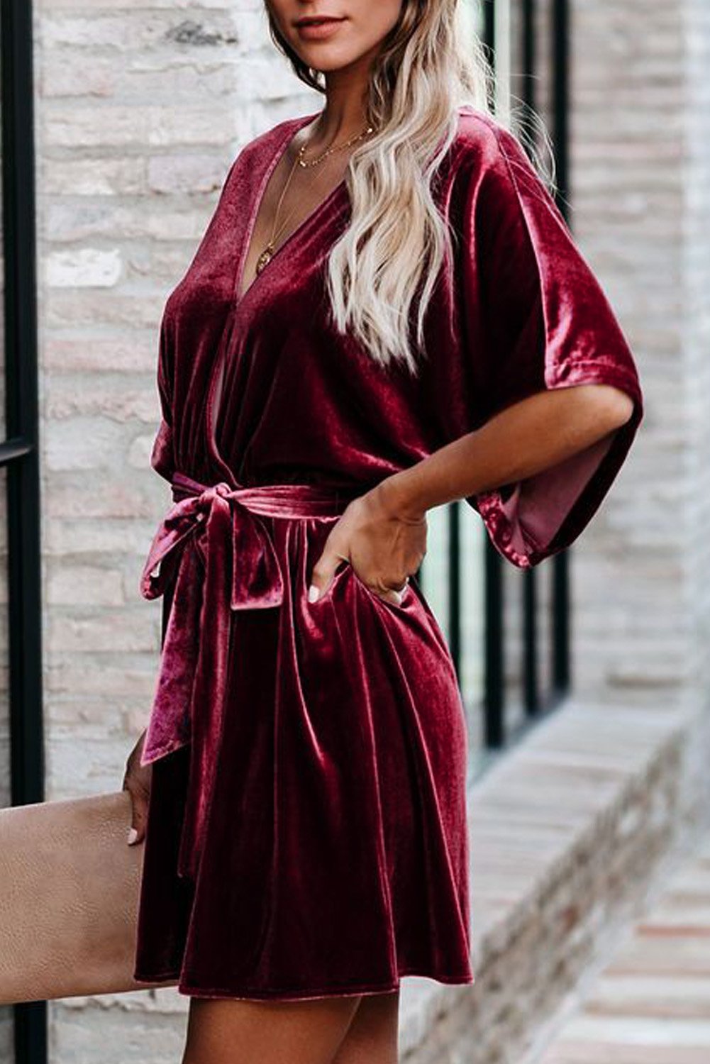 V-neck Half Sleeve Velvet Mini Dress with Belt