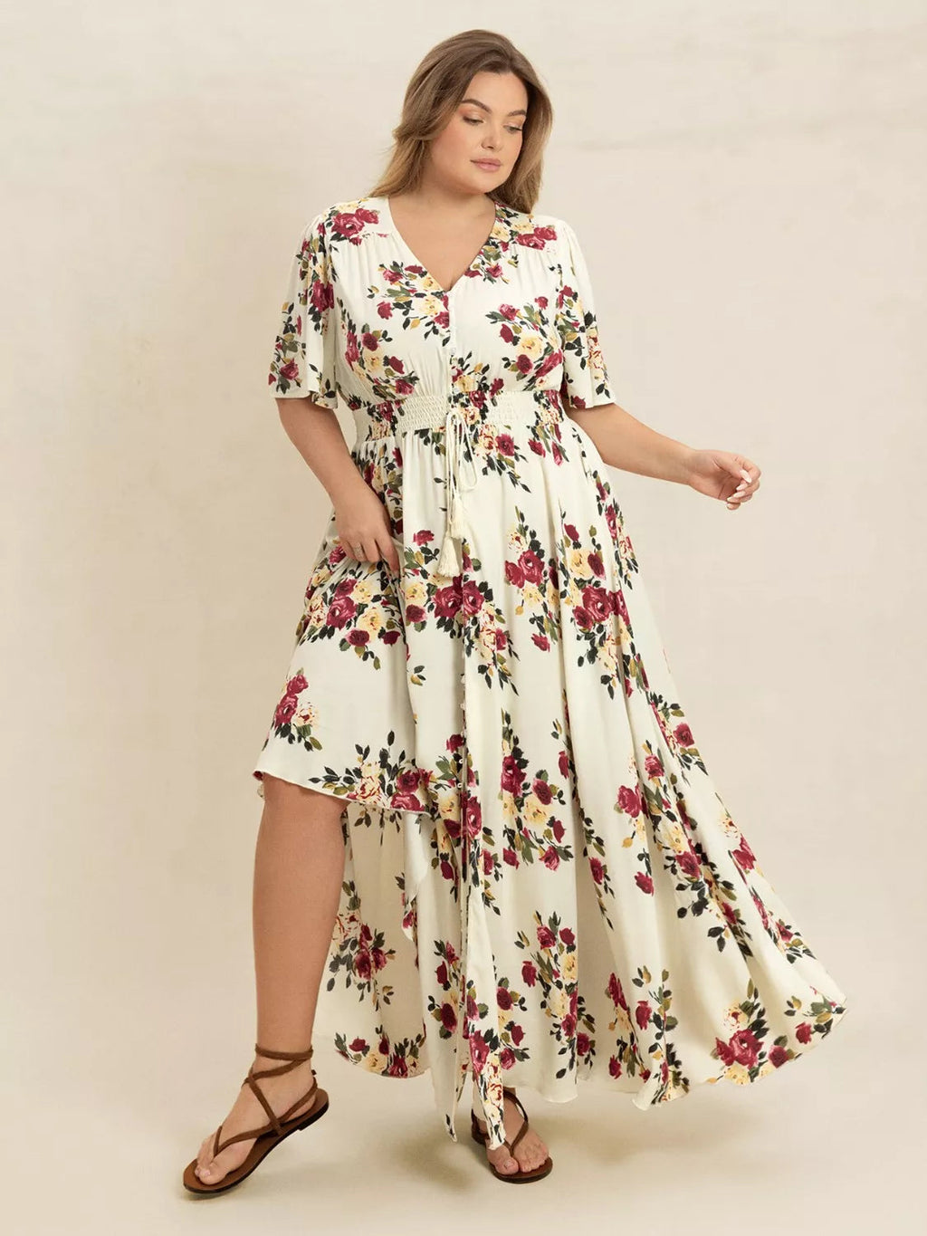 Floral Flutter Sleeve Maxi Dress with Button Front
