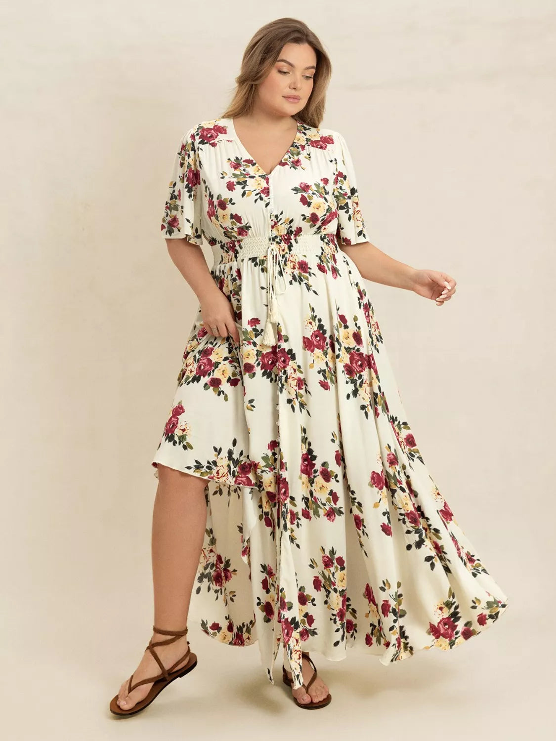 Floral Flutter Sleeve Maxi Dress with Button Front