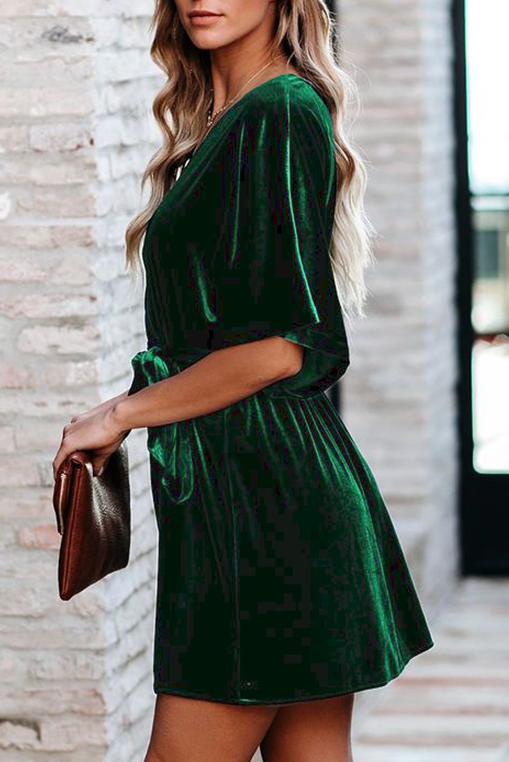V-neck Half Sleeve Velvet Mini Dress with Belt