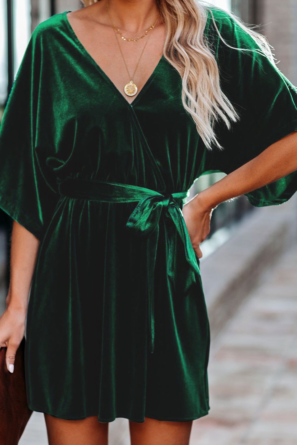 V-neck Half Sleeve Velvet Mini Dress with Belt