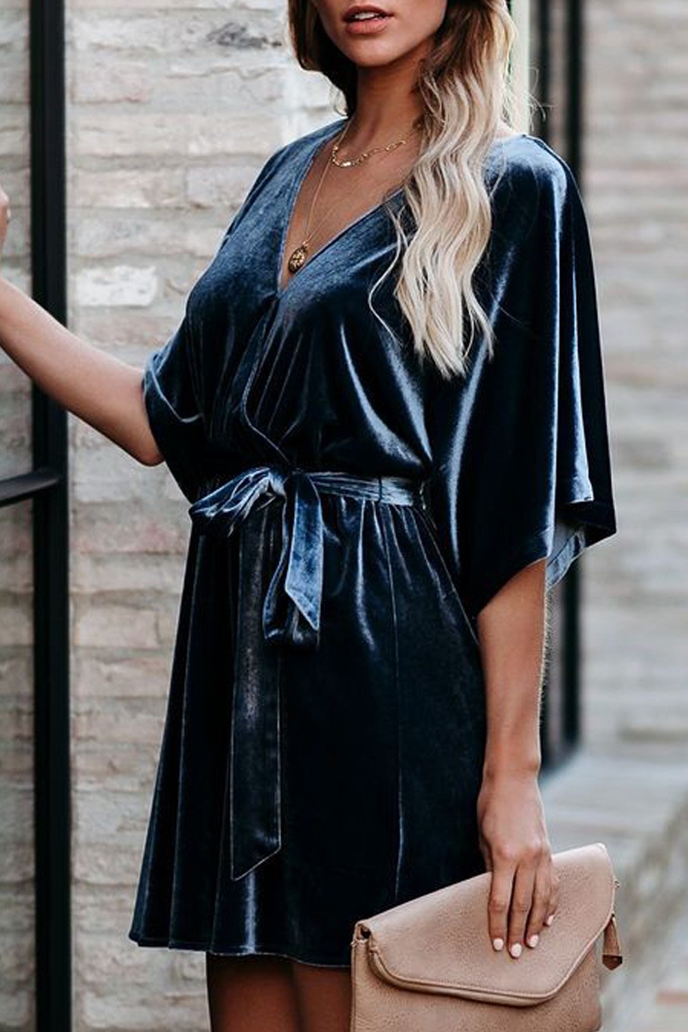 V-neck Half Sleeve Velvet Mini Dress with Belt