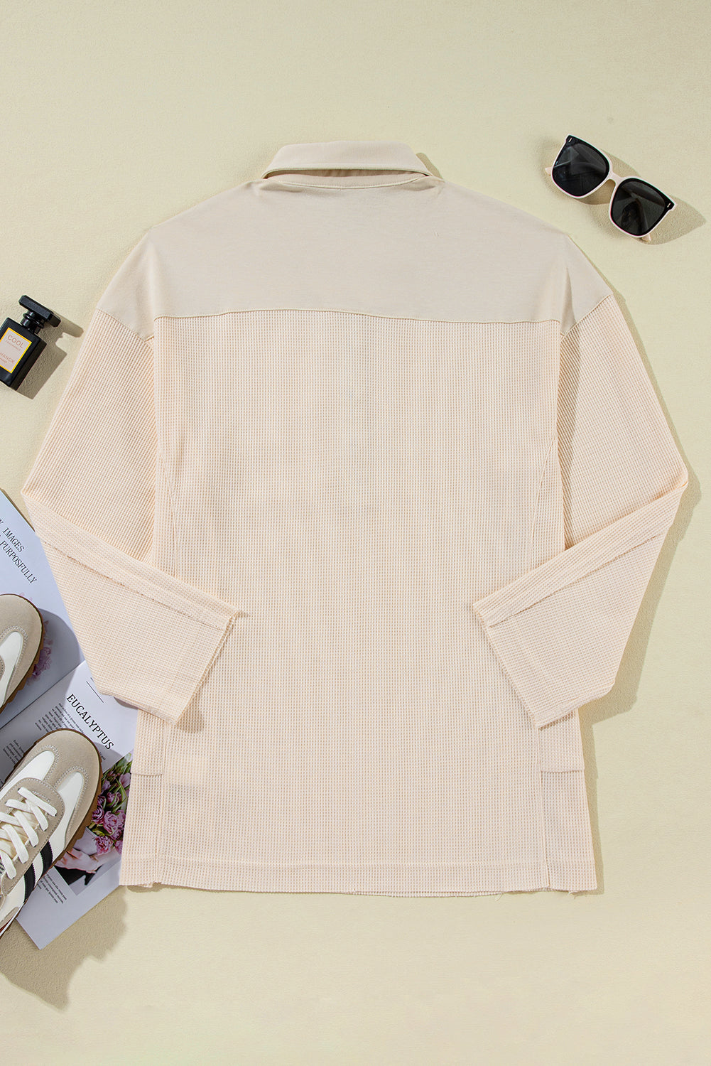 Pink Waffle Long Sleeve Collared Half Button Relaxed Fit Top