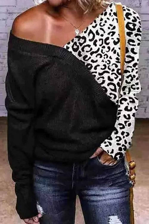 Cold Shoulder Leopard Knitted Sweater