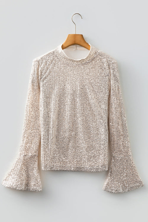 Solid Sequin Backless Bell Sleeve Top
