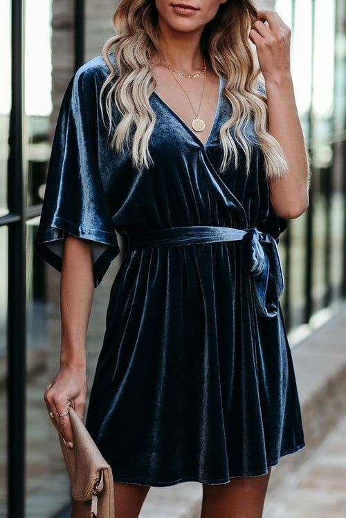 V-neck Half Sleeve Velvet Mini Dress with Belt