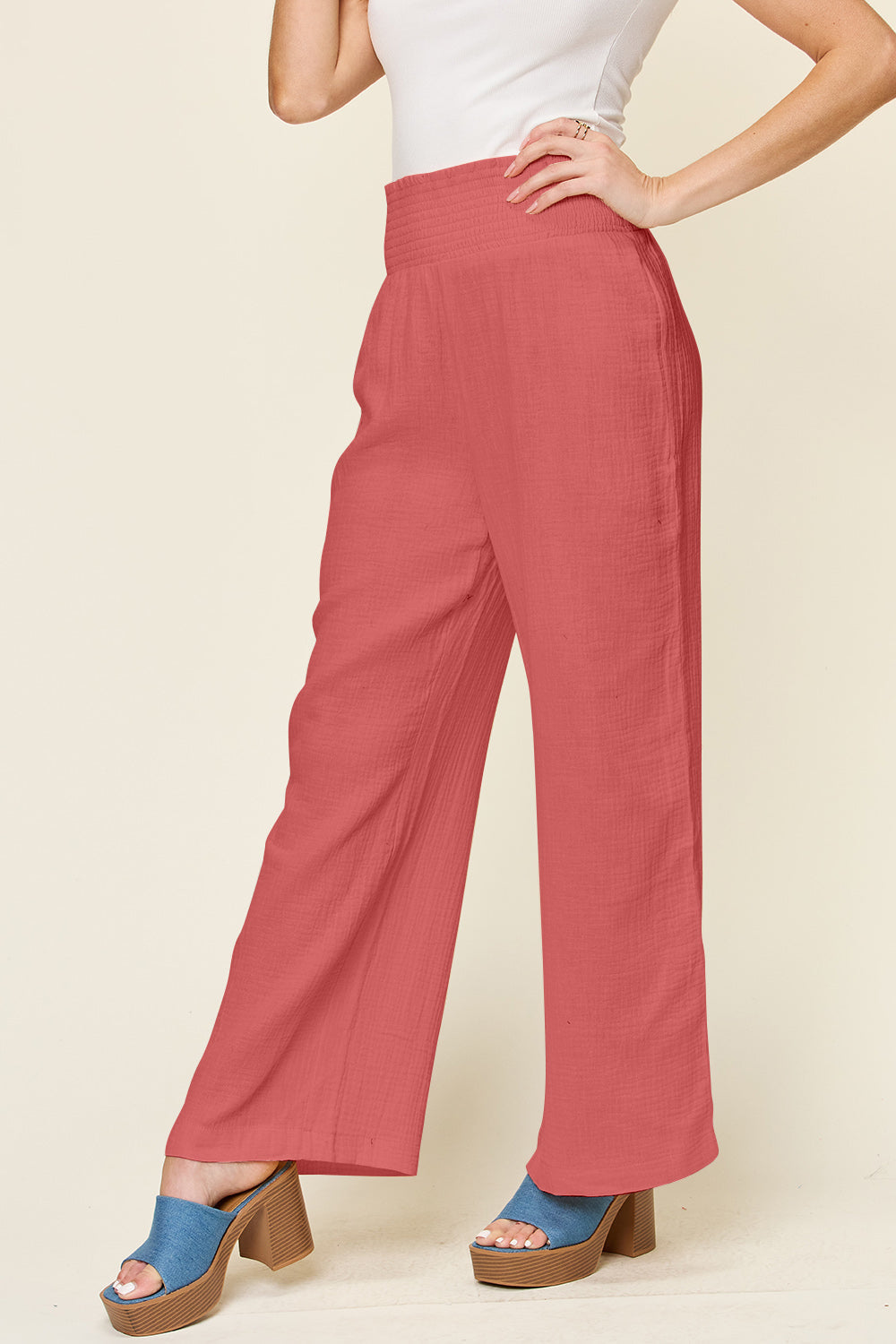 Double Take Textured Smocked Waist Wide Leg Pants