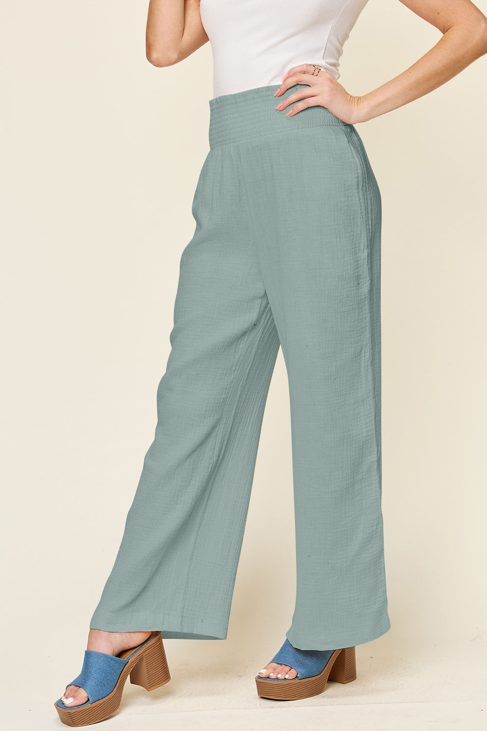 Double Take Textured Smocked Waist Wide Leg Pants
