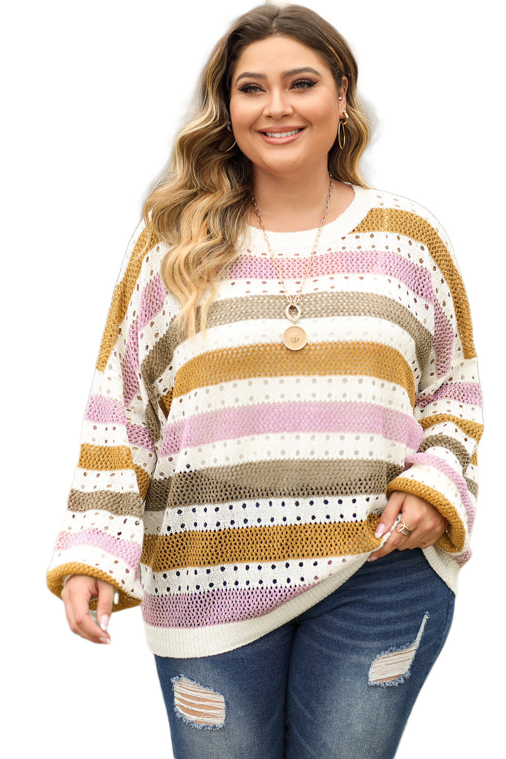 Multicolor Striped Hollowed Knitted Loose Sweater
