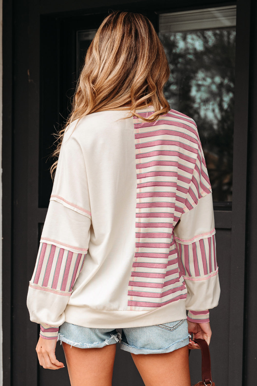 Stripe Patchwork Long Sleeve Henley Top