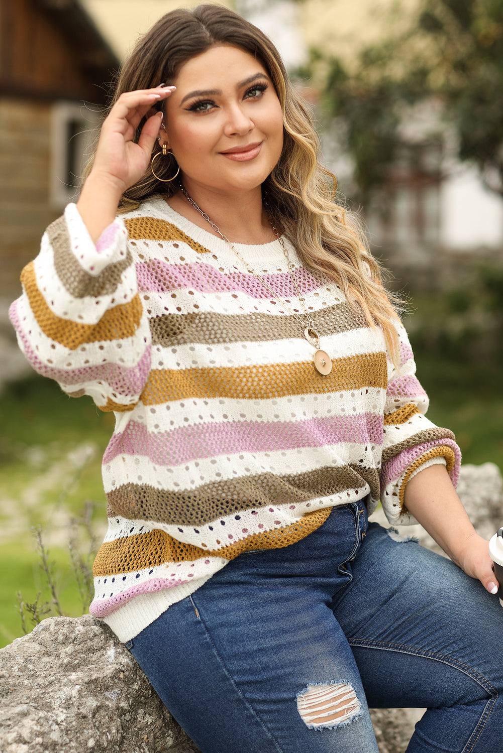 Multicolor Striped Hollowed Knitted Loose Sweater