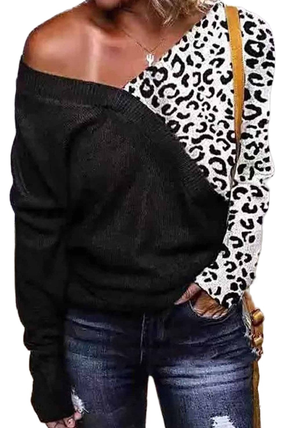 Cold Shoulder Leopard Knitted Sweater