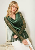 Long Sleeve Velvet Top With Lace Trim