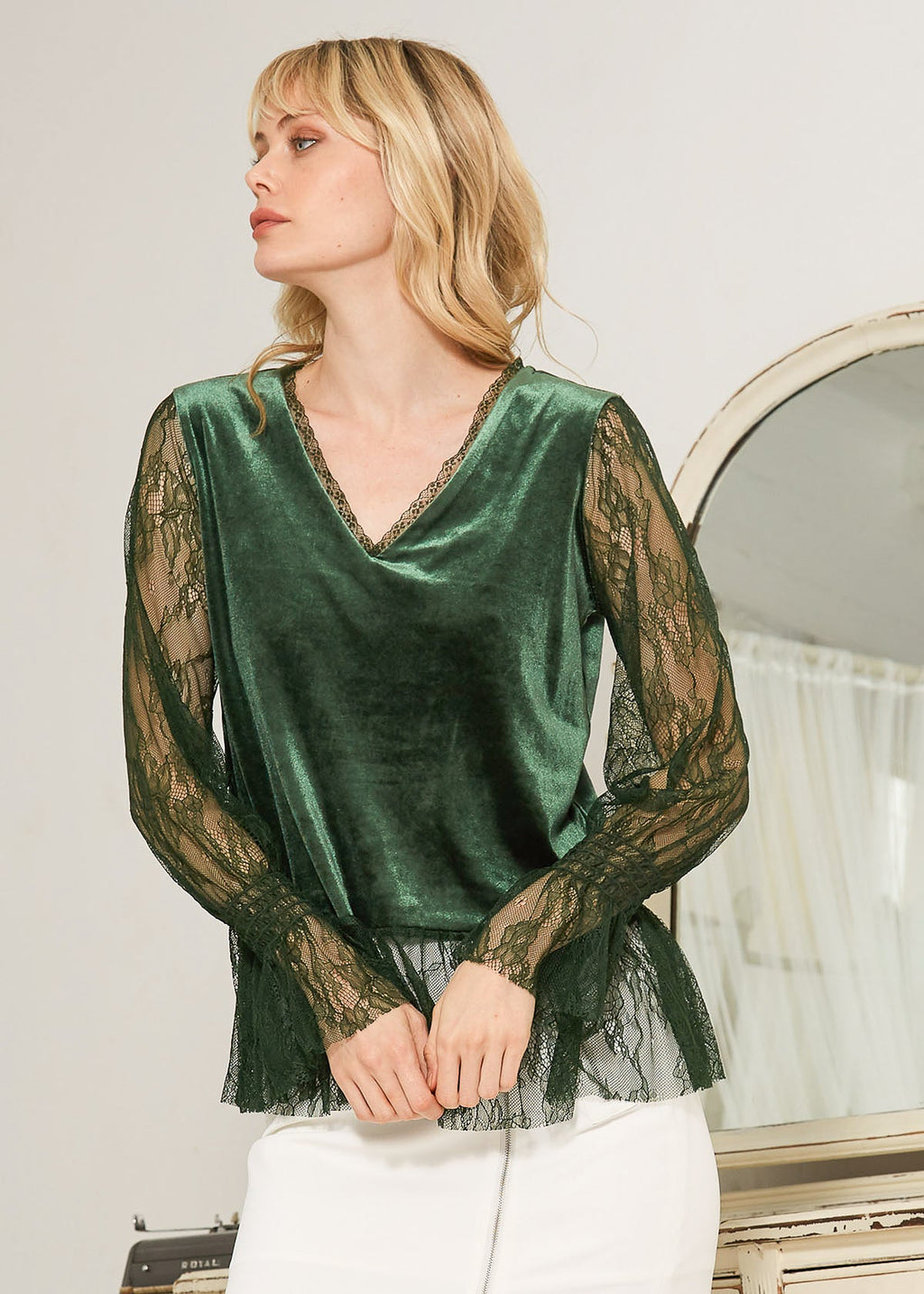 Long Sleeve Velvet Top With Lace Trim