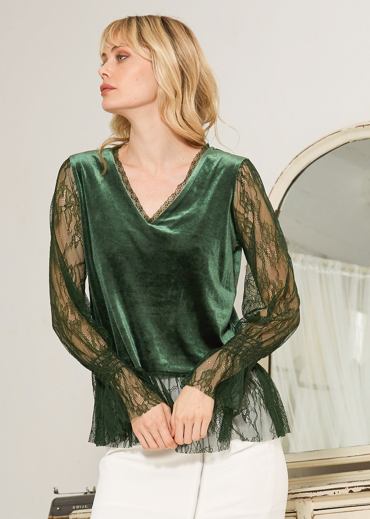 Long Sleeve Velvet Top With Lace Trim