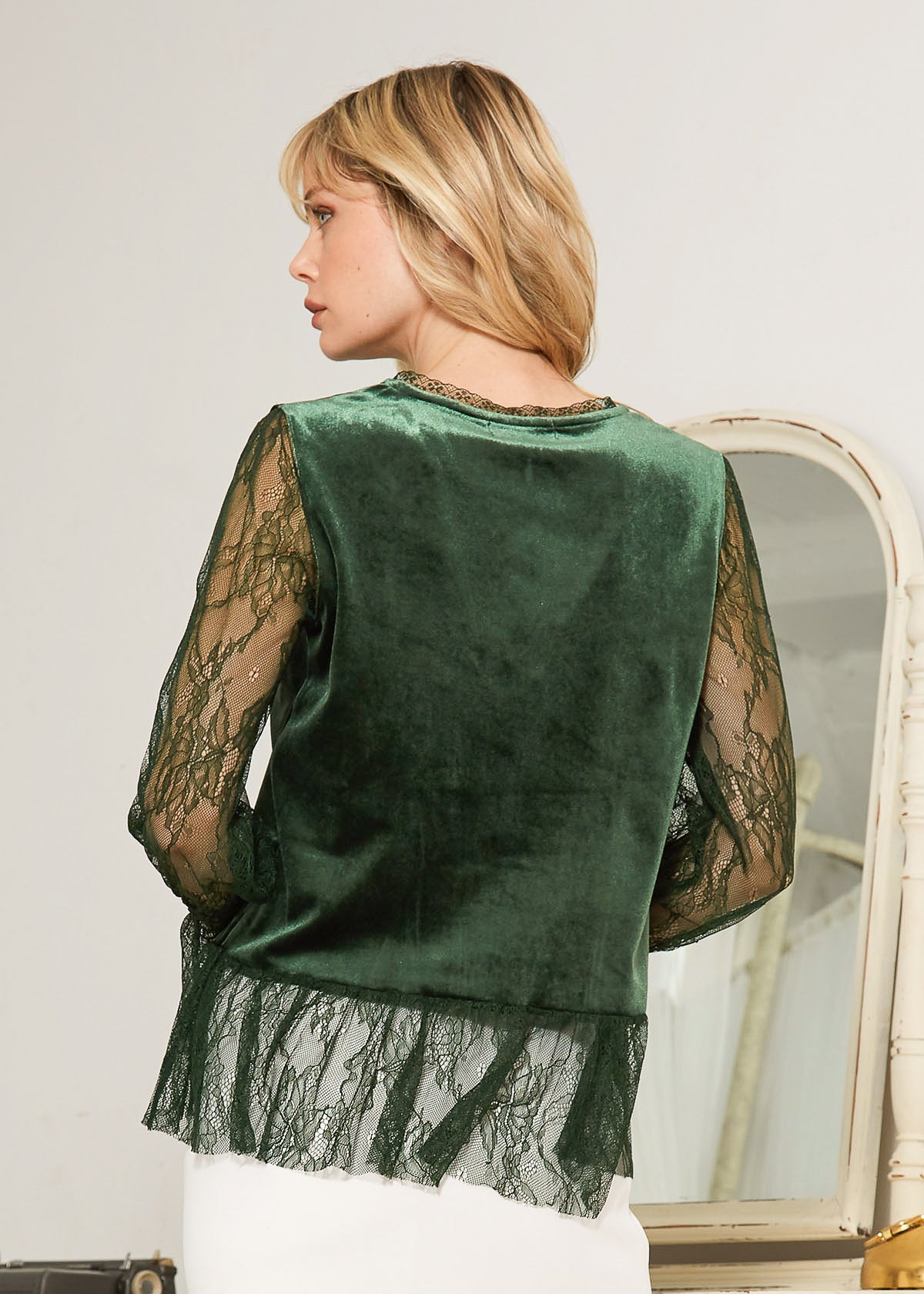 Long Sleeve Velvet Top With Lace Trim