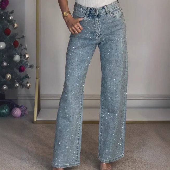 25 Edition – Women’s High Waist Straight Street Jeans with Glitter