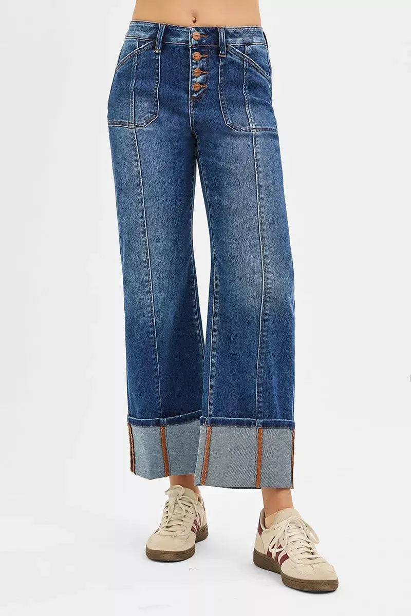 RISEN High Rise Crop Wide Straight Cuffed Jeans