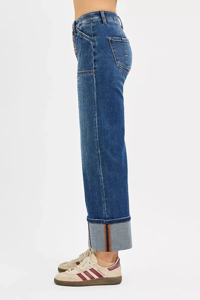 RISEN High Rise Crop Wide Straight Cuffed Jeans