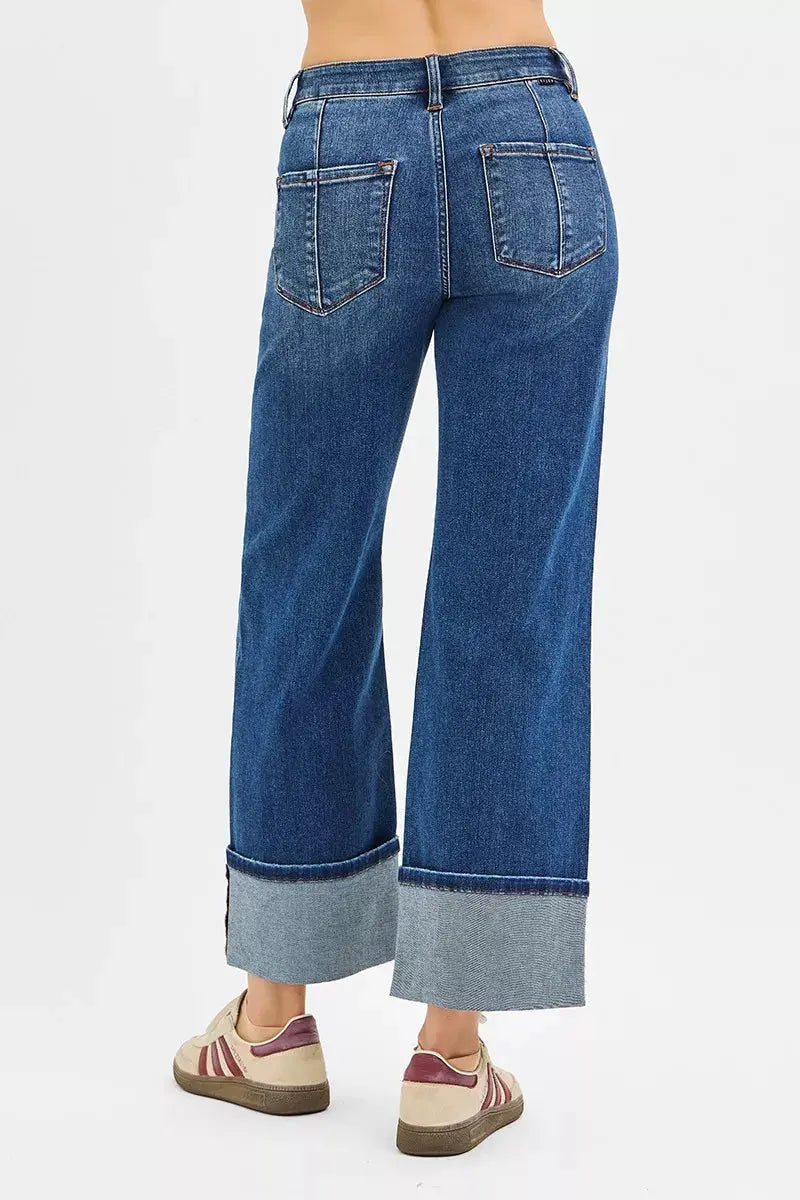 RISEN High Rise Crop Wide Straight Cuffed Jeans