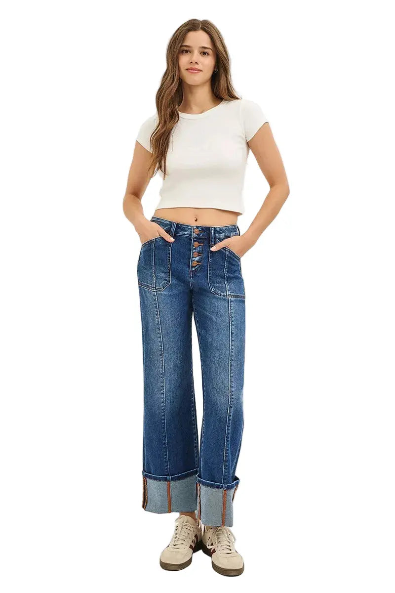 RISEN High Rise Crop Wide Straight Cuffed Jeans