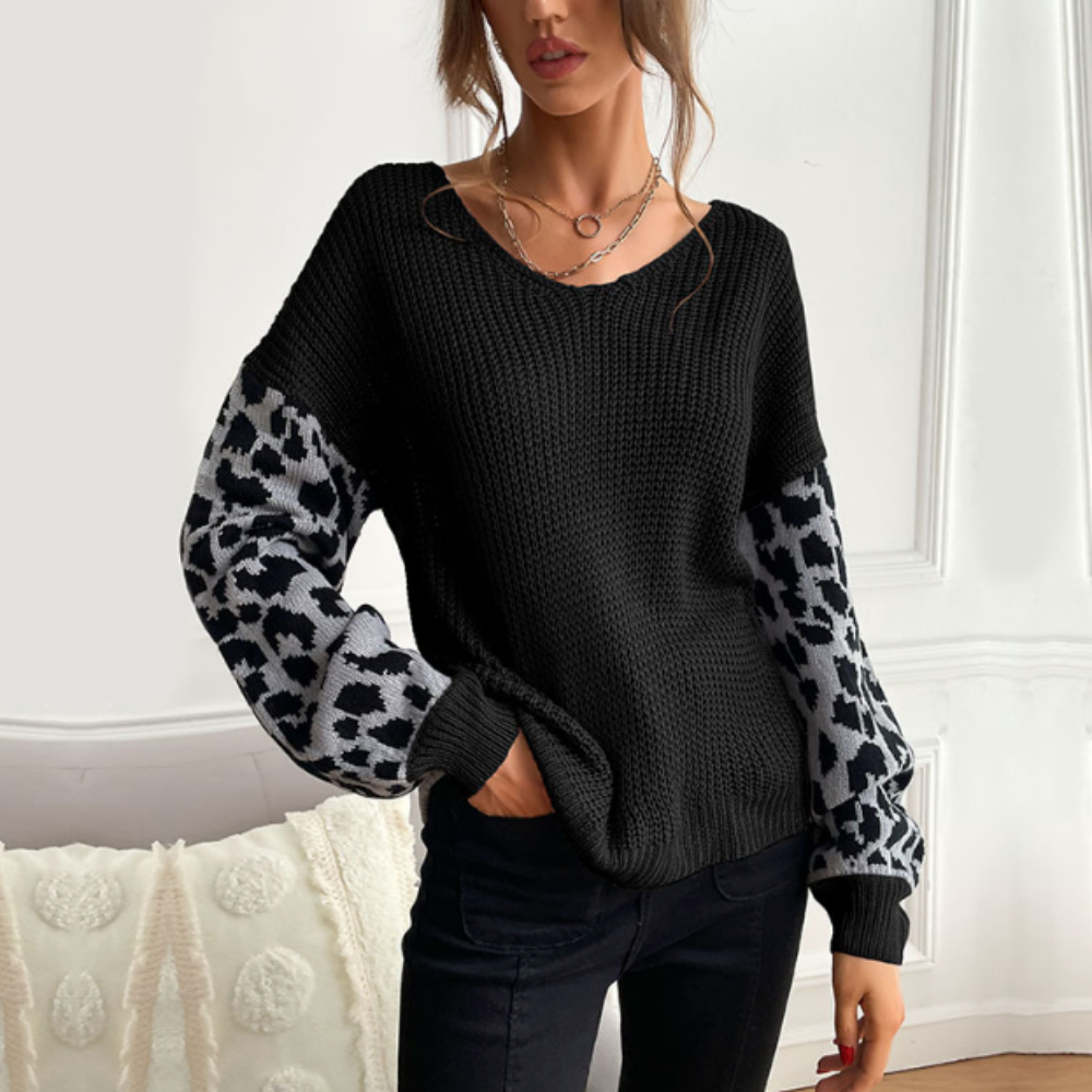 V Neck Sweater With Leopard Print Sleeves