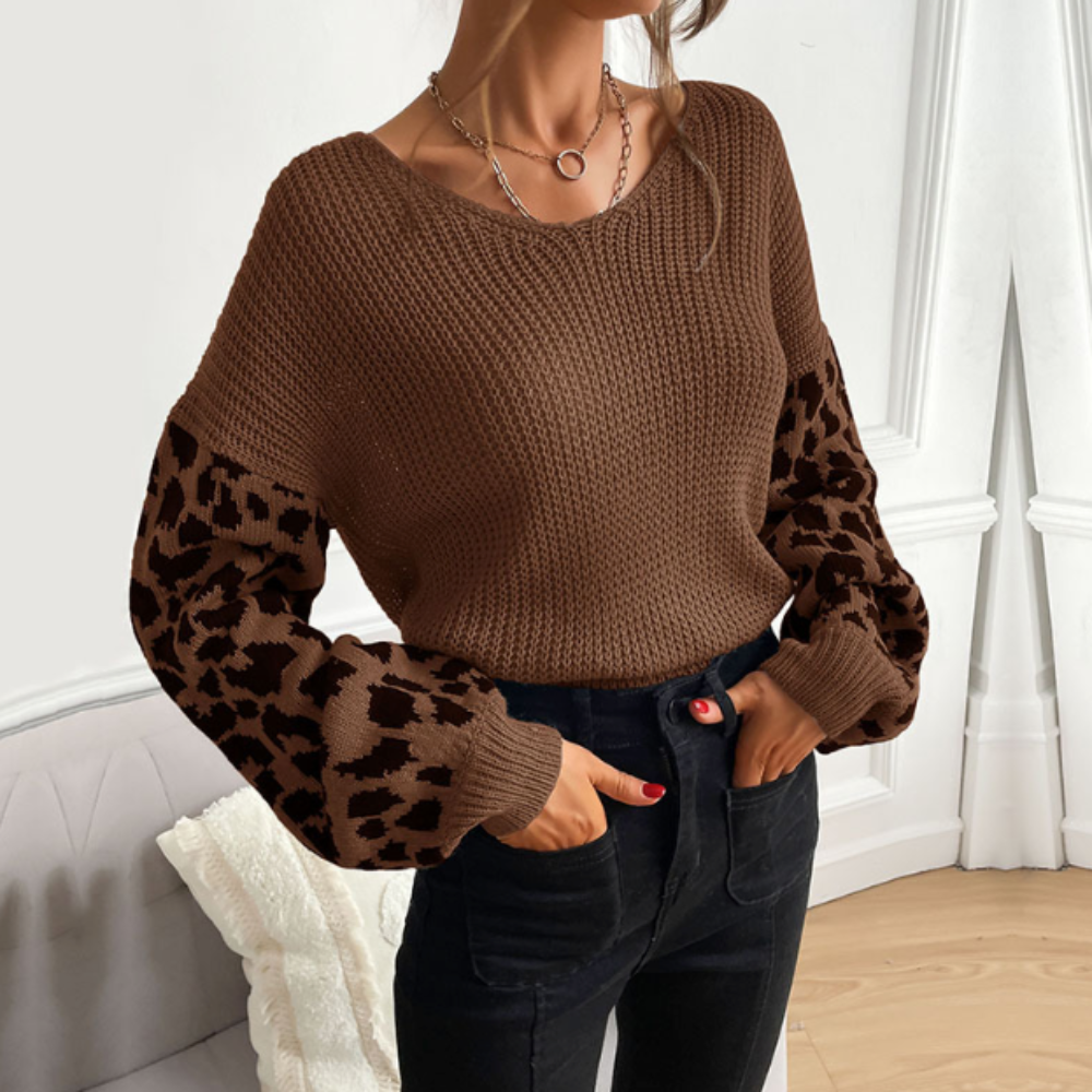 V Neck Sweater With Leopard Print Sleeves
