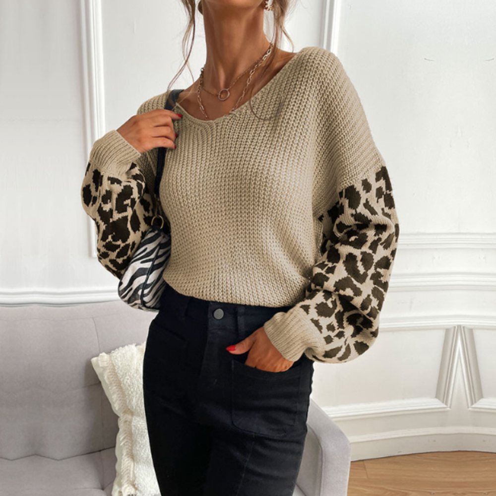 V Neck Sweater With Leopard Print Sleeves