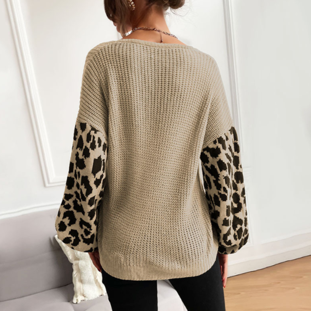 V Neck Sweater With Leopard Print Sleeves
