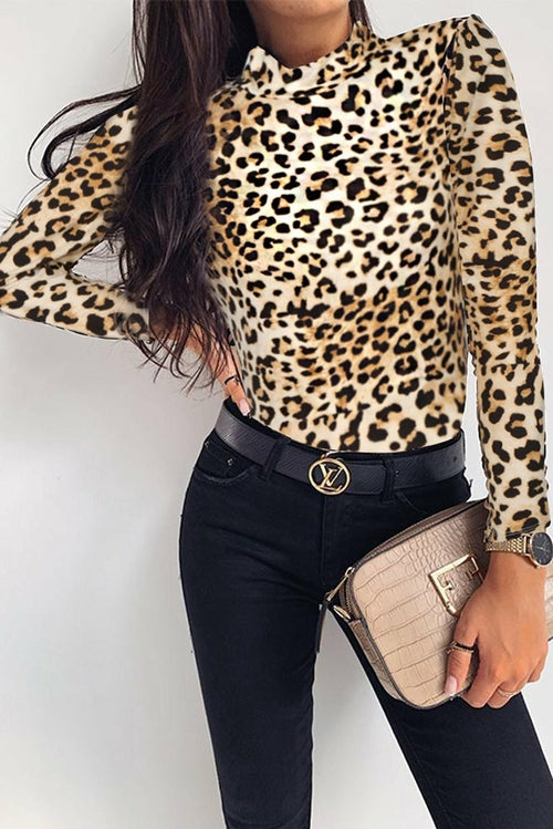 High Neck Leopard Long Sleeve Bodysuit