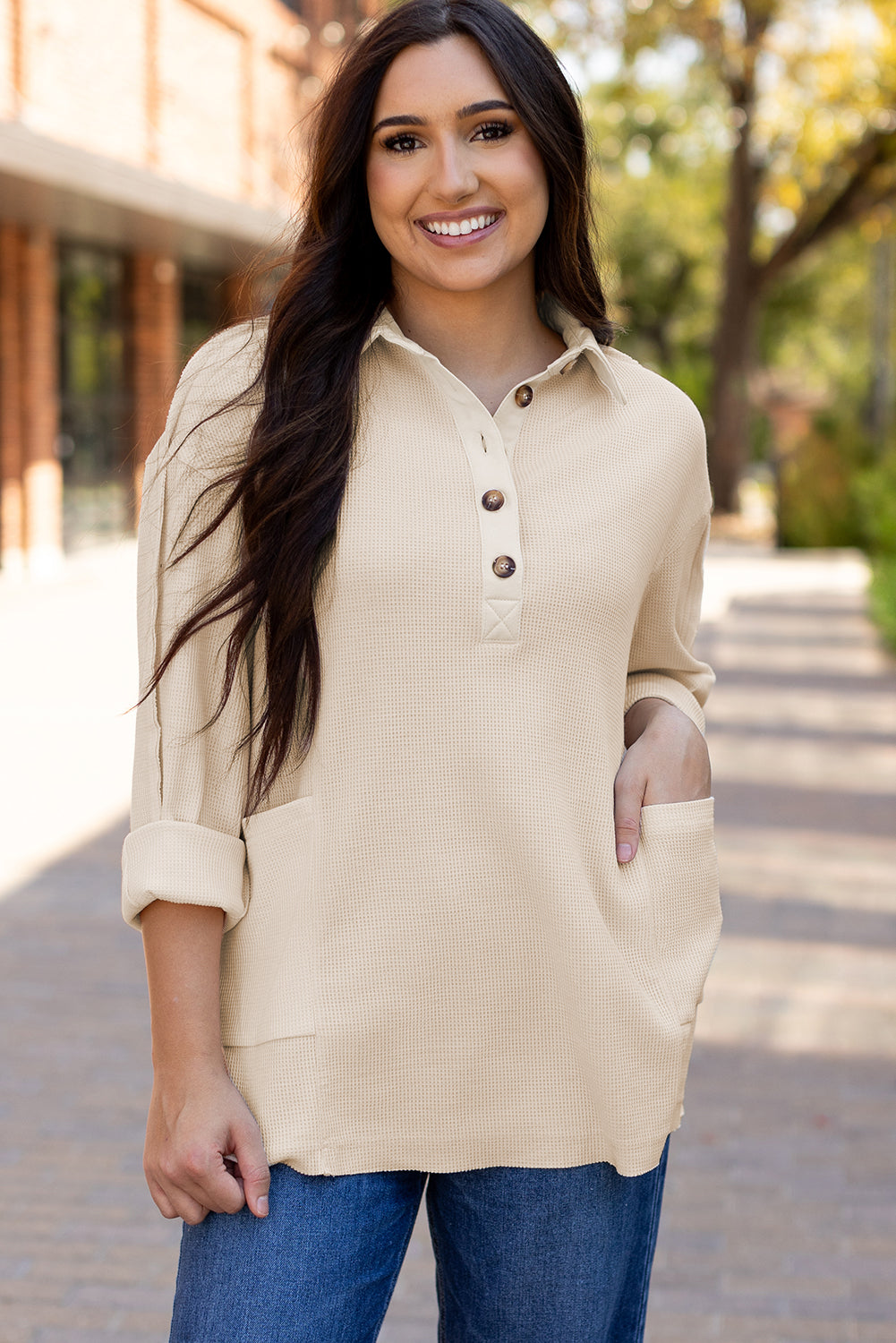 Pink Waffle Long Sleeve Collared Half Button Relaxed Fit Top