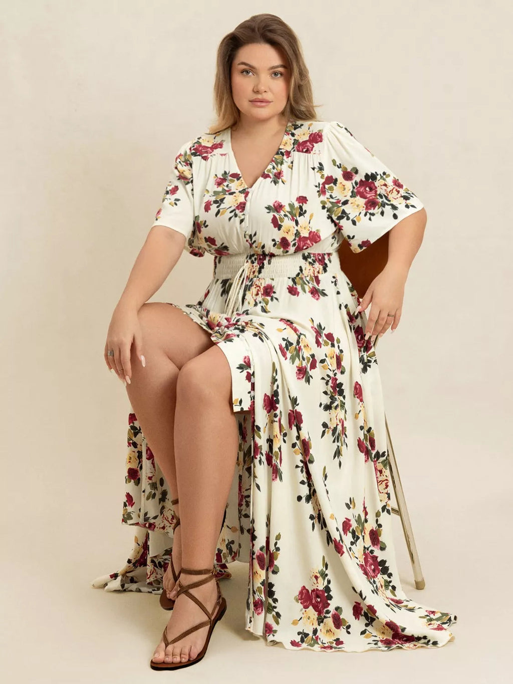Floral Flutter Sleeve Maxi Dress with Button Front