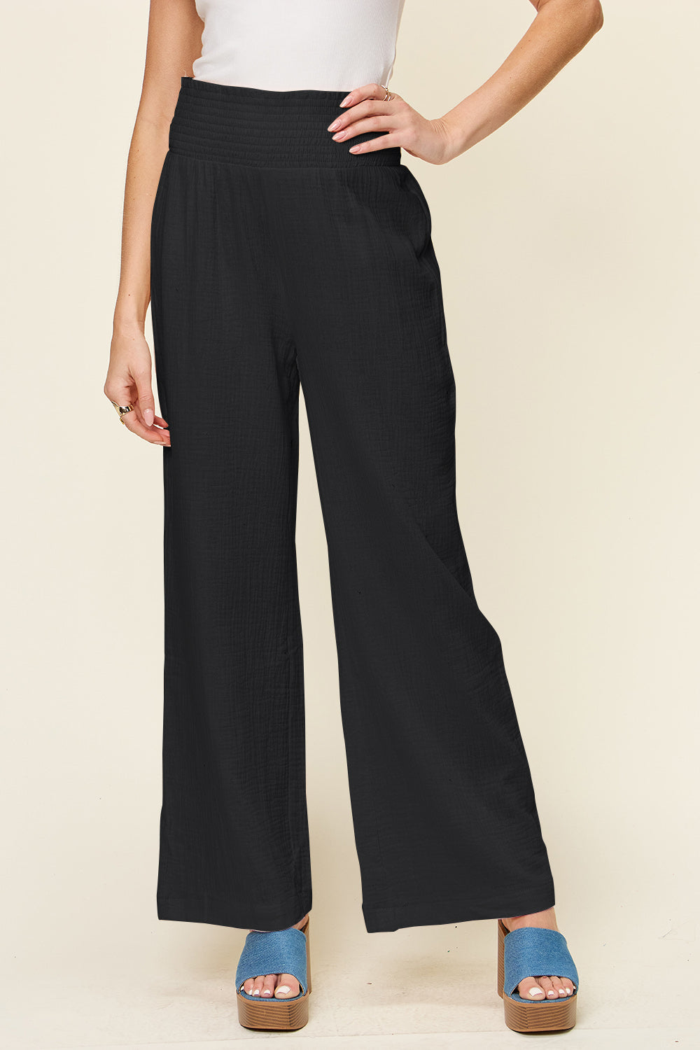 Double Take Textured Smocked Waist Wide Leg Pants