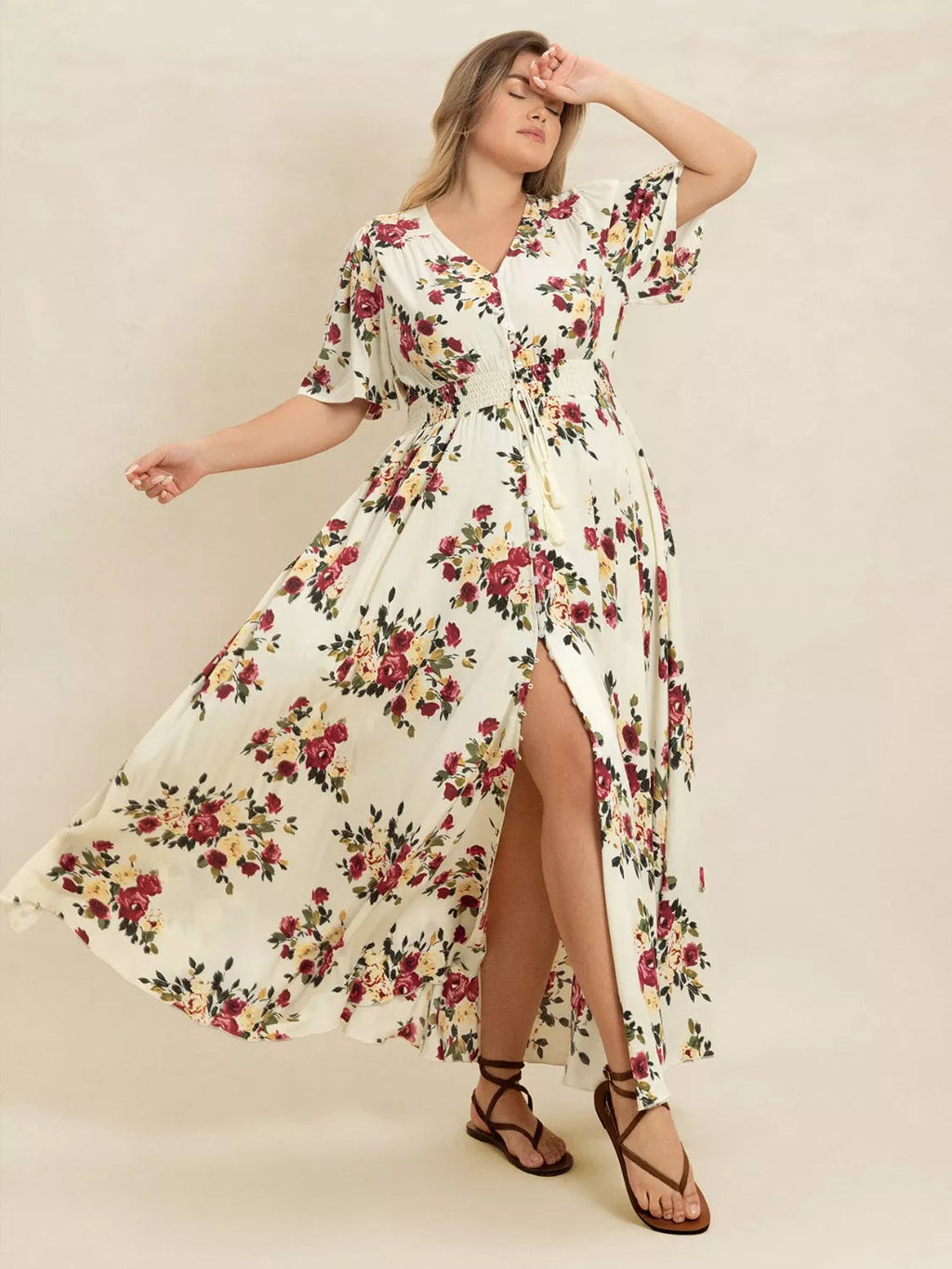Floral Flutter Sleeve Maxi Dress with Button Front