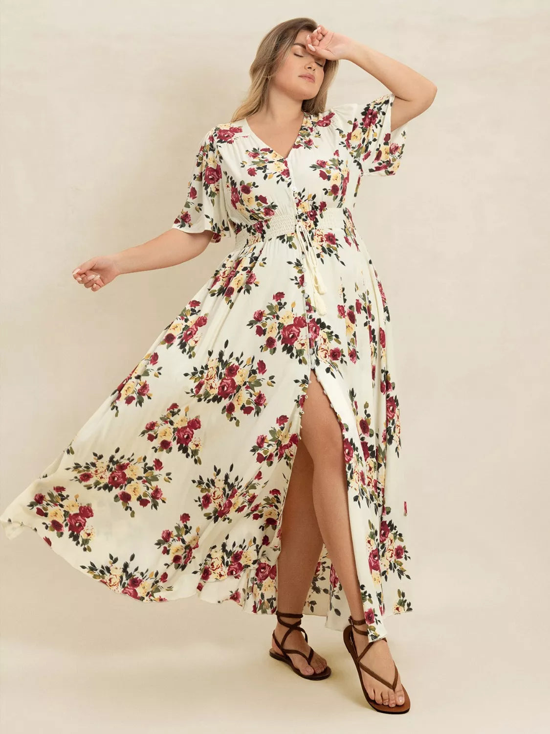 Floral Flutter Sleeve Maxi Dress with Button Front