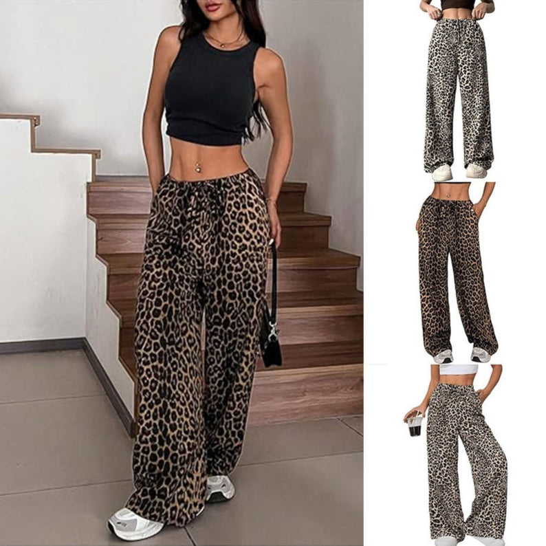 Women's Casual Leopard Print High Waisted Wide-Leg Pants