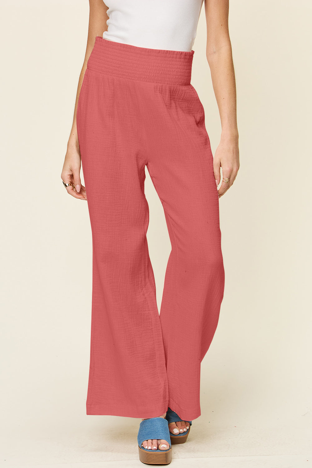Double Take Textured Smocked Waist Wide Leg Pants