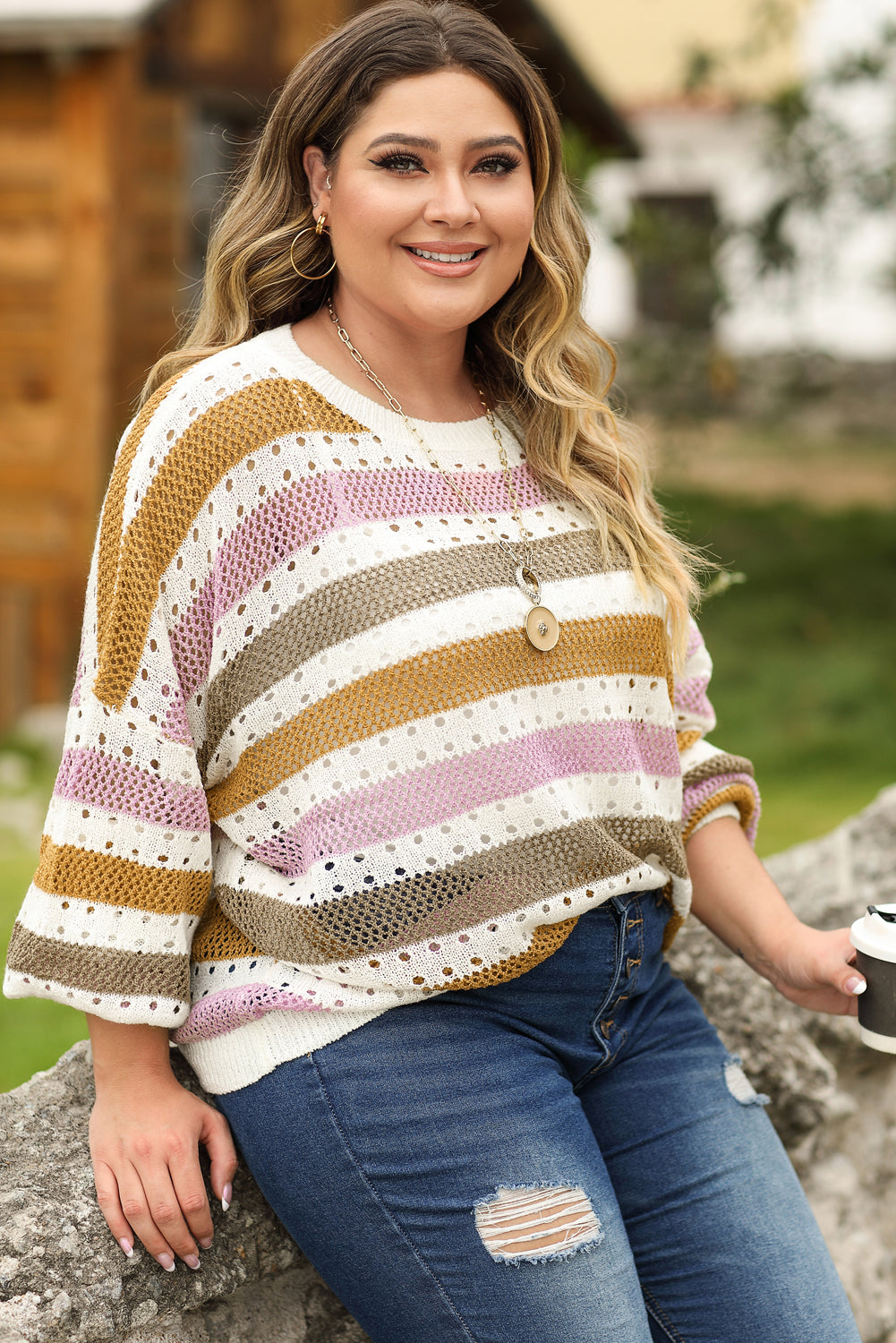 Multicolor Striped Hollowed Knitted Loose Sweater