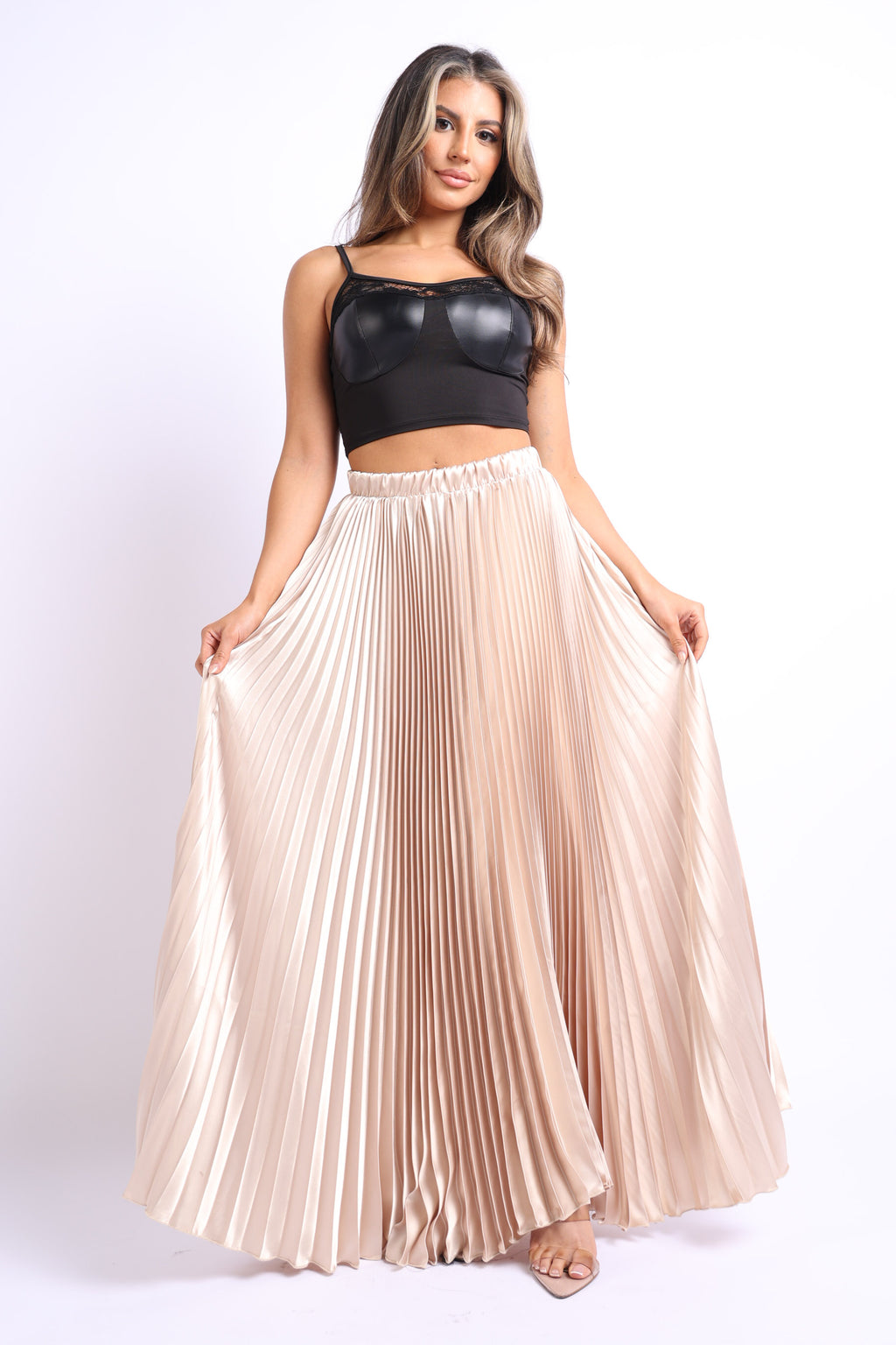 High Waist A-Line Pleated Satin Maxi Skirt