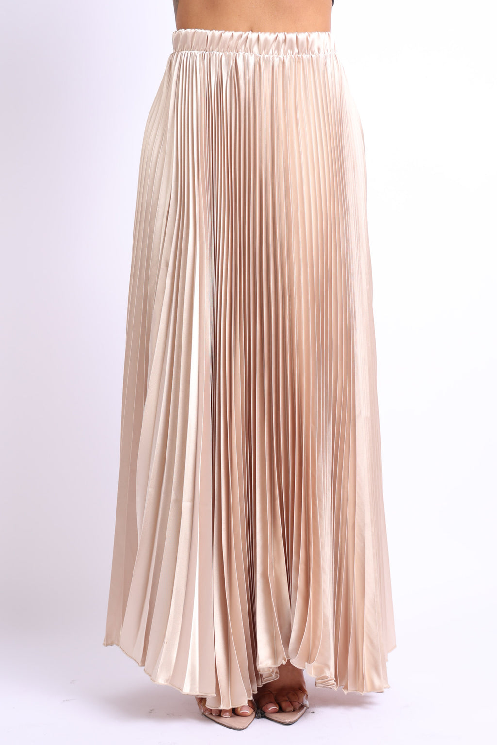 High Waist A-Line Pleated Satin Maxi Skirt