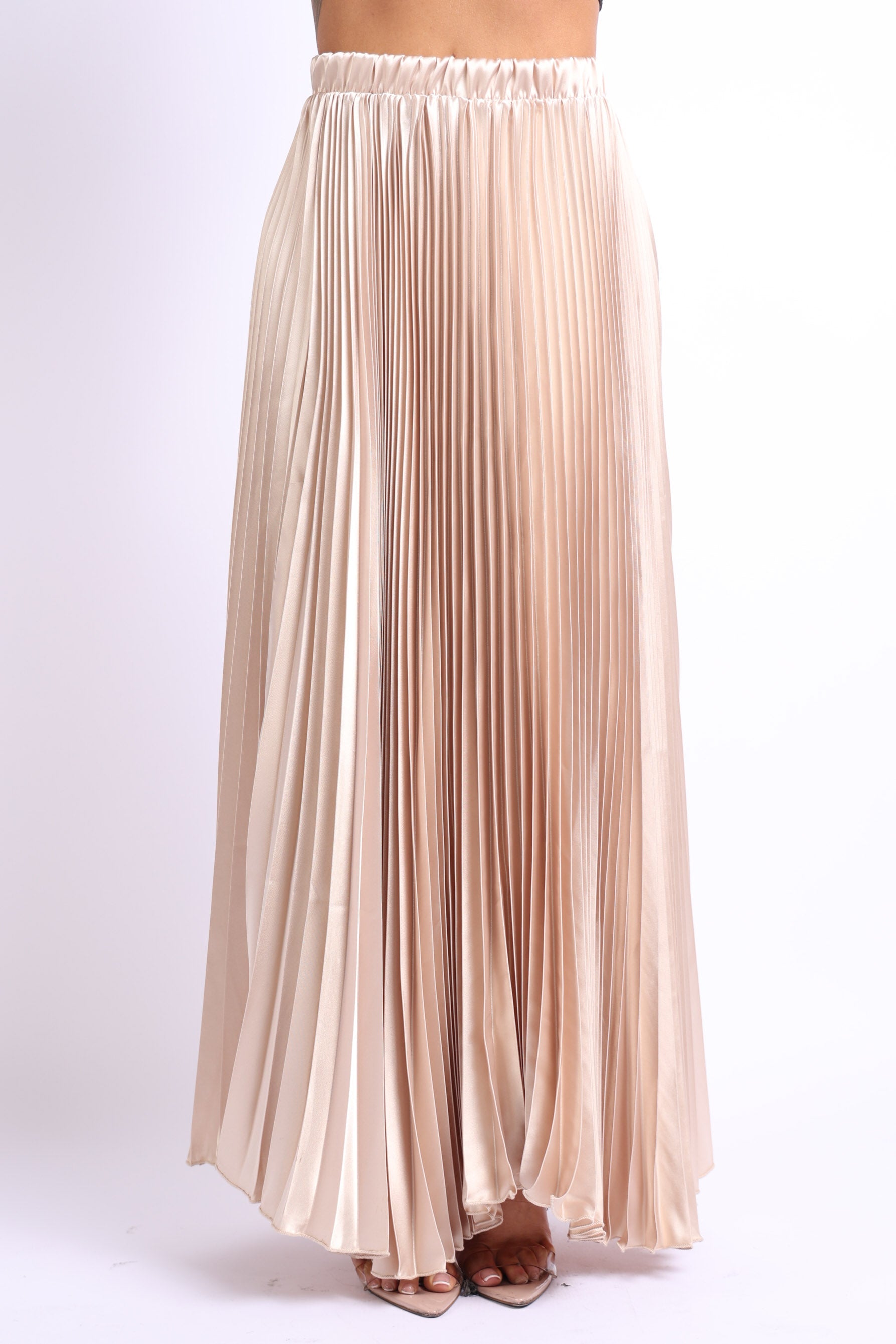 High Waist A-Line Pleated Satin Maxi Skirt