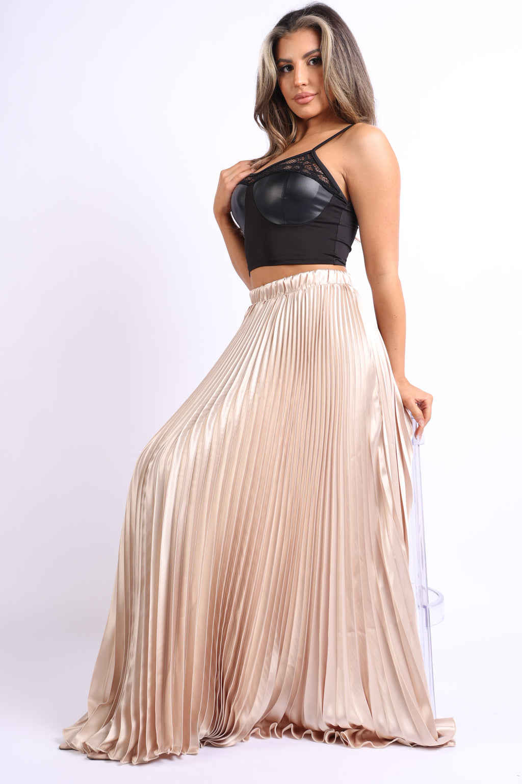 High Waist A-Line Pleated Satin Maxi Skirt